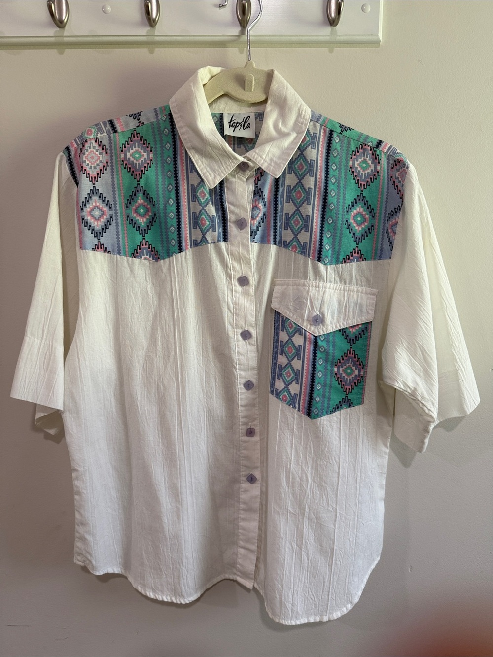 Vintage White Button-Down Shirt with Teal Aztec Yoke